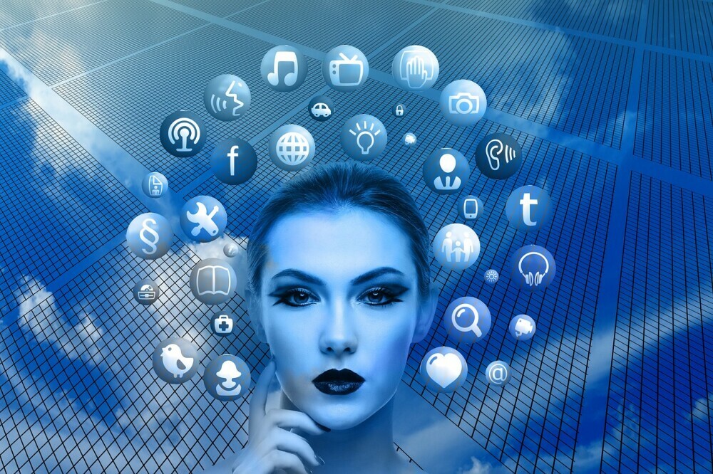 futuristic lady with appsround her head