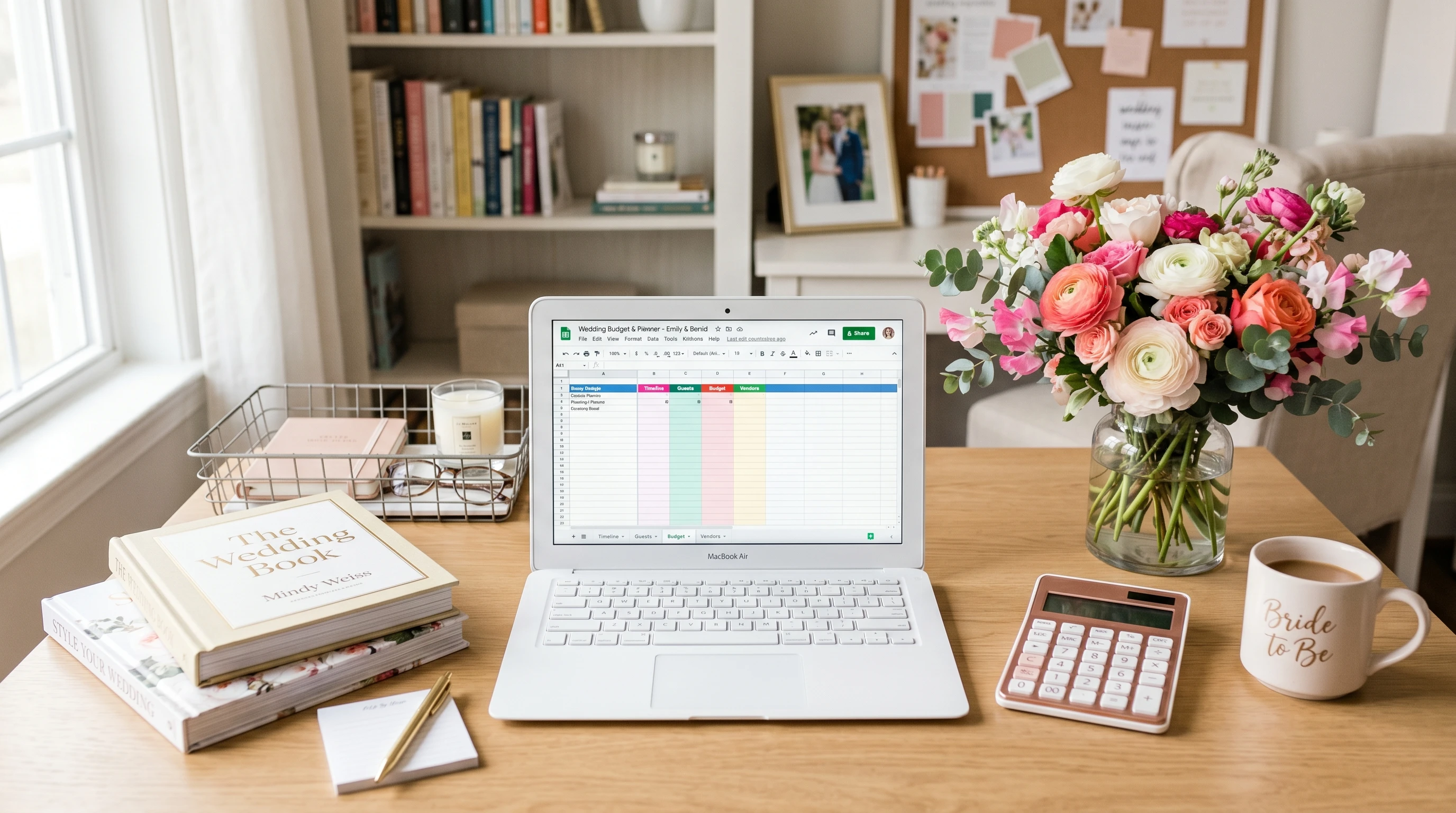 Organization tools, notebook, calculator and wedding plans neatly arranged on a table.
