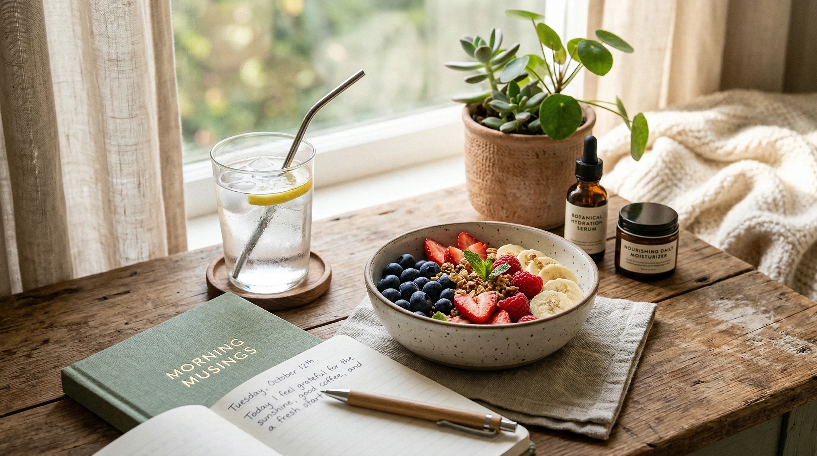 Morning table setup with water, journal, skincare items, and a plant