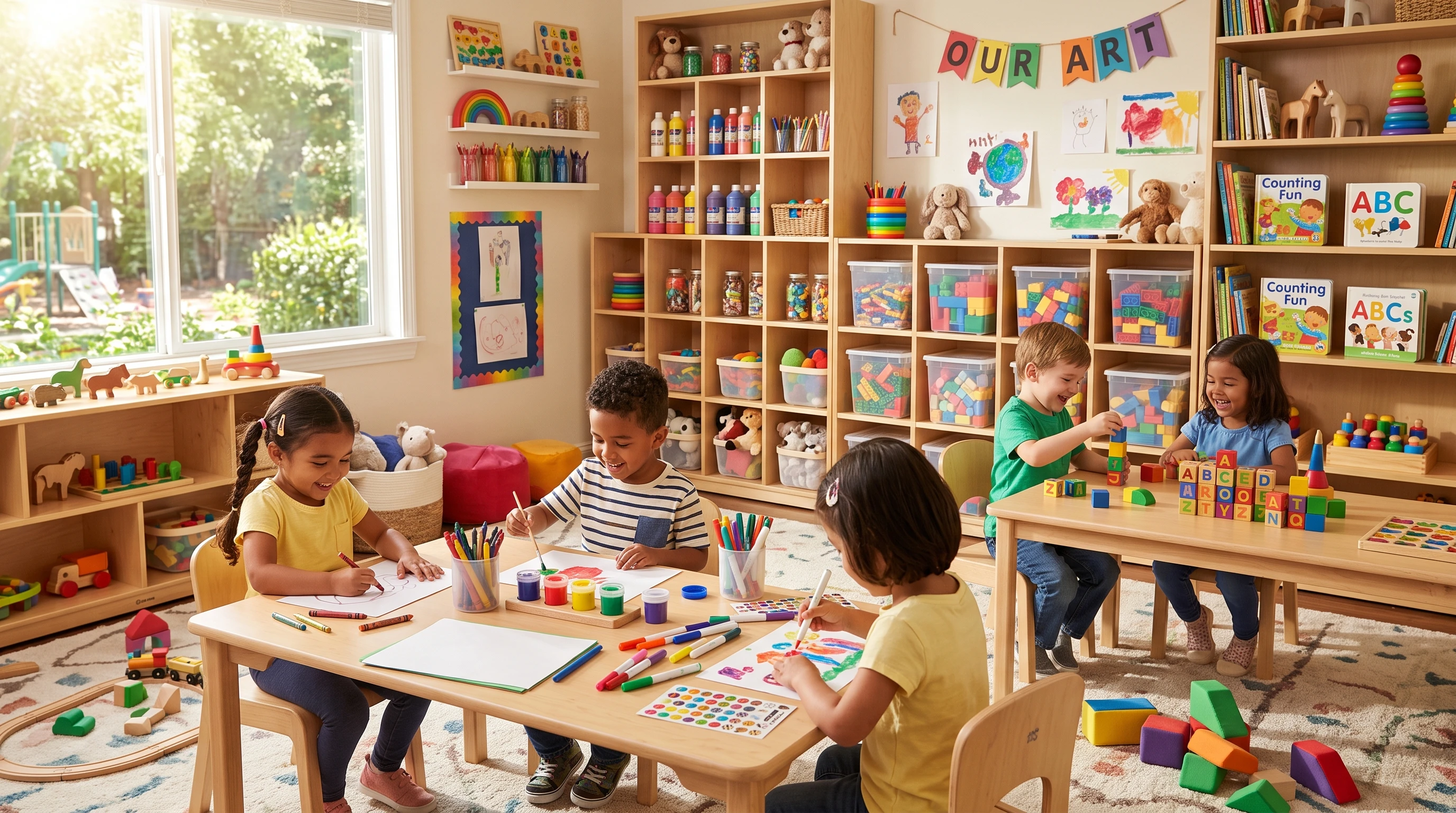 A cheerful playroom with art supplies, building blocks, and educational toys on low tables under bright sunlight, evoking a welcoming preschool environment.