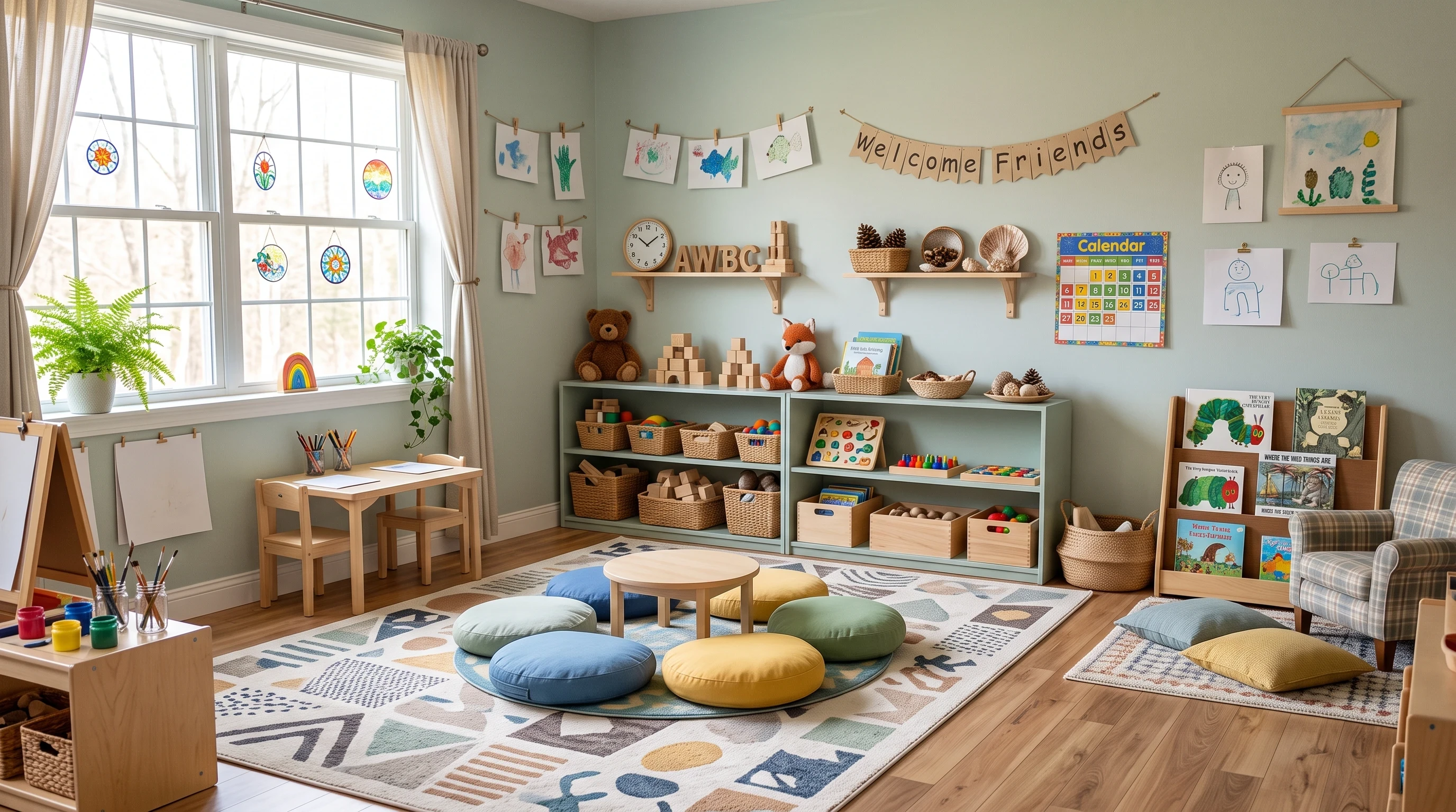 A gentle preschool classroom with soft morning light, cozy reading corners, and comforting toys arranged neatly for children