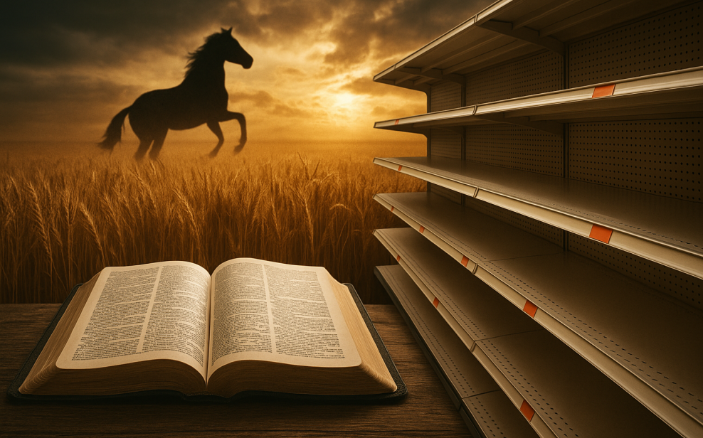 Empty grocery store shelves fading into a wheat field with an open Bible glowing in the foreground, symbolizing famine and hope in Christ.