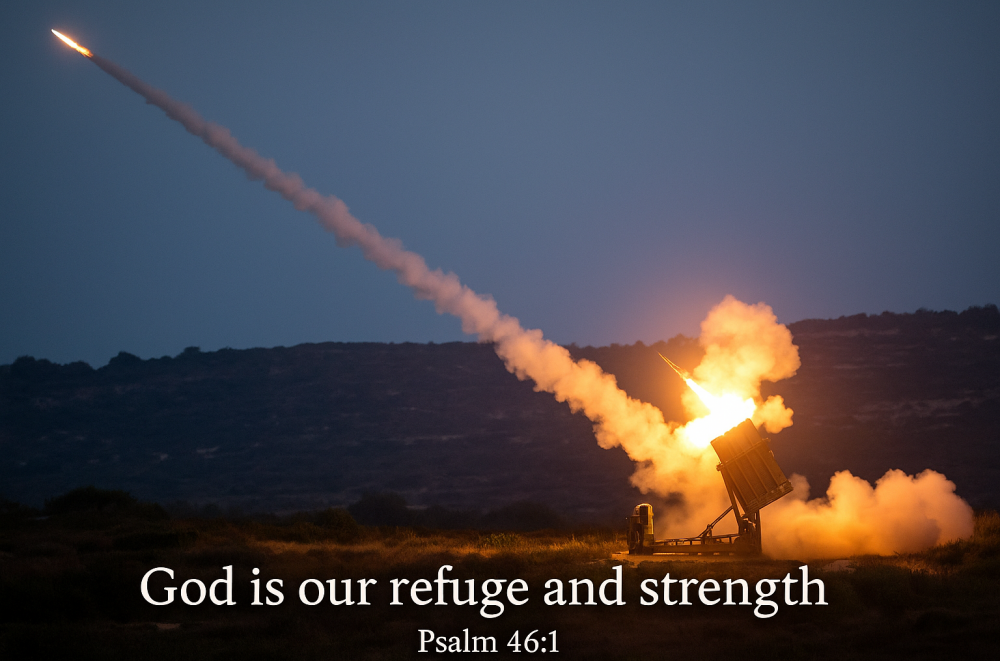 Iron Dome missile defense system intercepting a rocket at night with Bible verse overlay “God is our refuge and strength – Psalm 46:1”