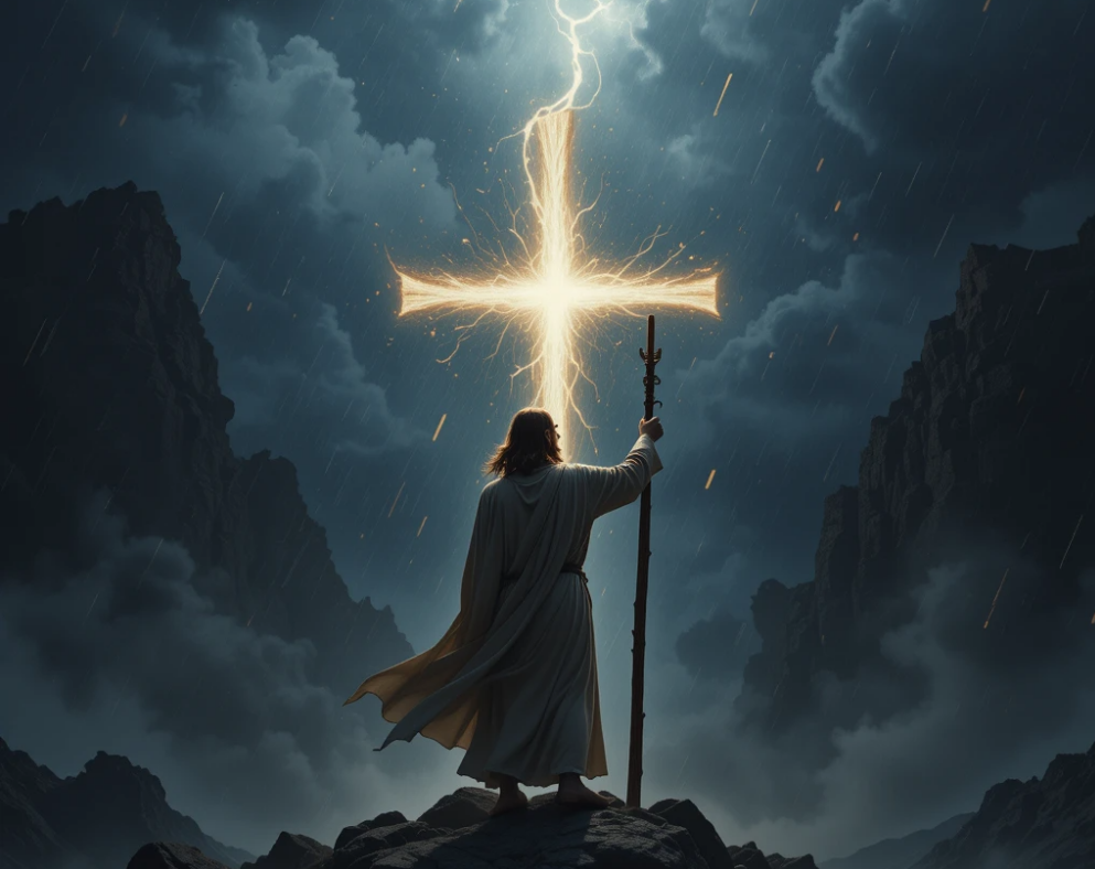 Christian standing firm with a glowing cross in the midst of a dark storm, symbolizing endurance and hope during persecution.