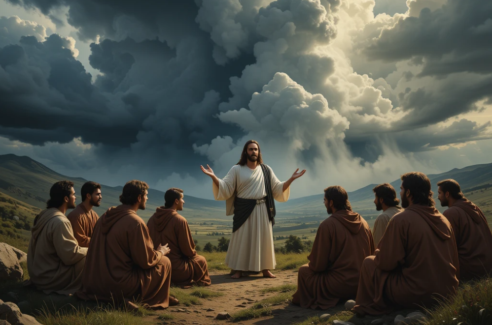 “Jesus teaching disciples while storm clouds gather in the distance, symbolizing preparation for persecution.”