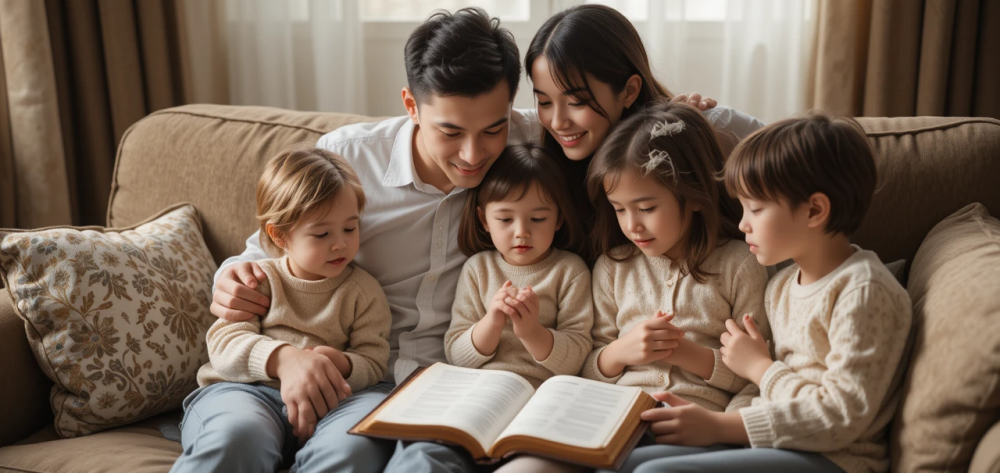 A family sitting casually on the couch with an open Bible, praying together – relaxed and approachable, not staged.