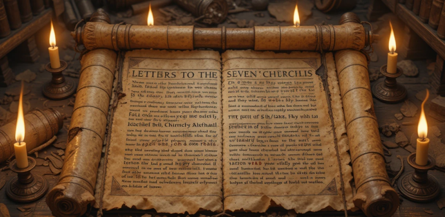 “Ancient scroll with seven burning lamps around it, symbolizing the letters to the seven churches.”
