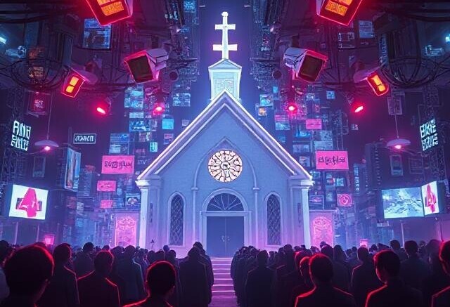 “Collage of modern persecution: church under surveillance cameras, believers worshipping in secret, digital censorship icons.”