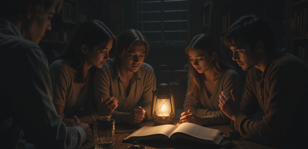 A family gathered around a small lantern in a dark room, praying together with an open Bible – conveys both crisis (blackout) and faith (light, prayer).