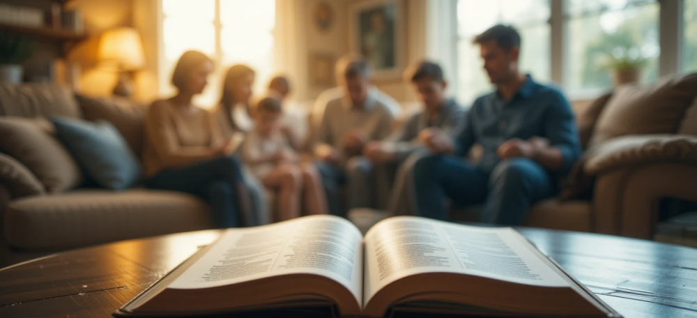 A cozy family living room with an open Bible on the table and soft light shining in – showing worship starting at home in a warm, everyday setting.