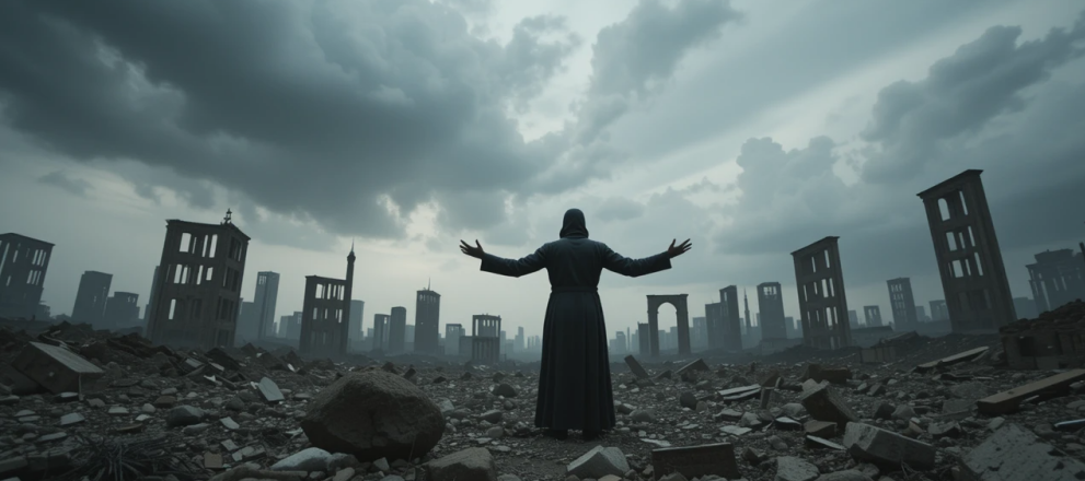 Two hands reaching out in the middle of ruins – symbolizes reconciliation and forgiveness in a world that feels broken.