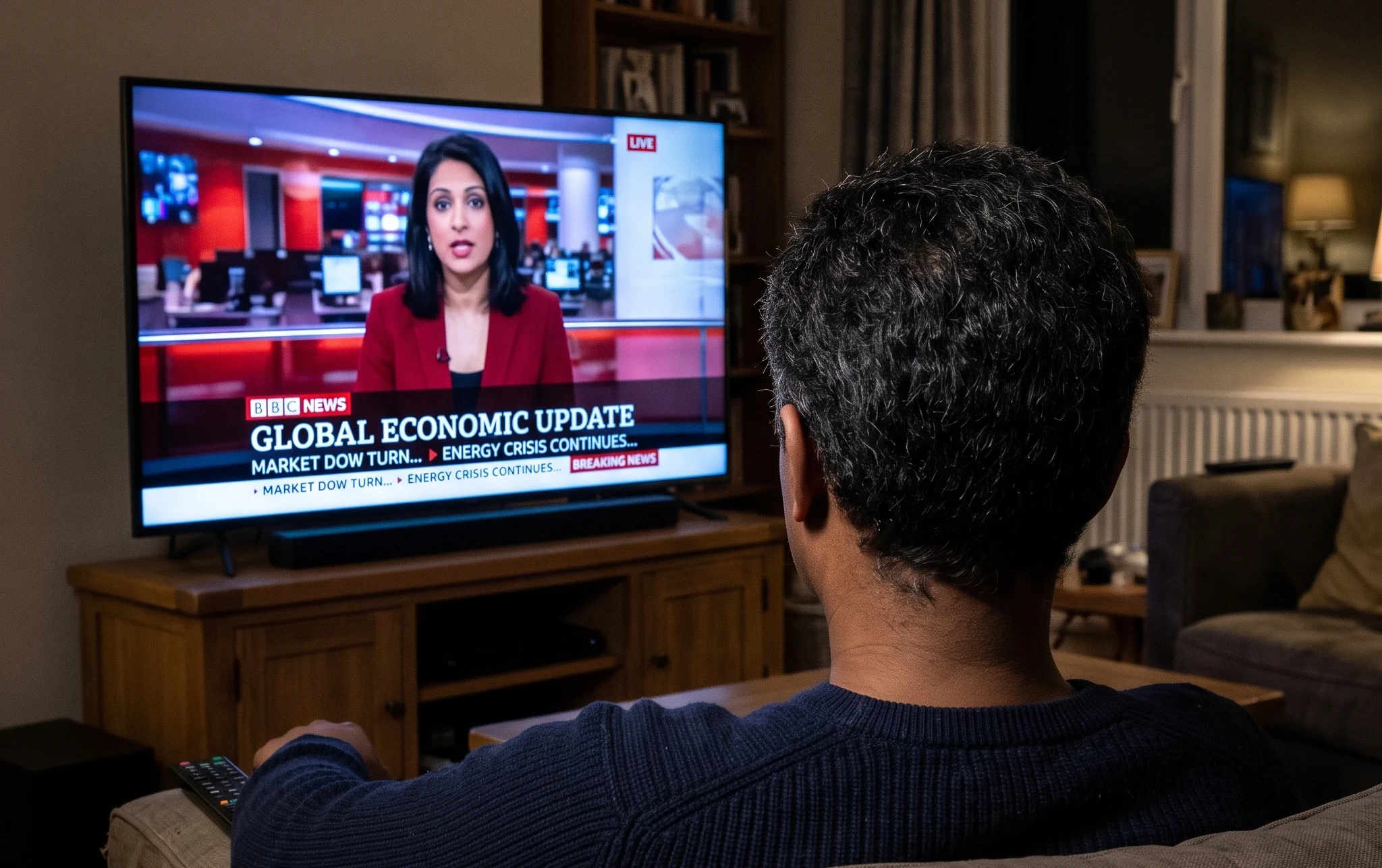 A man watching a global news broadcast on a television in a dark living room, illustrating passive media consumption