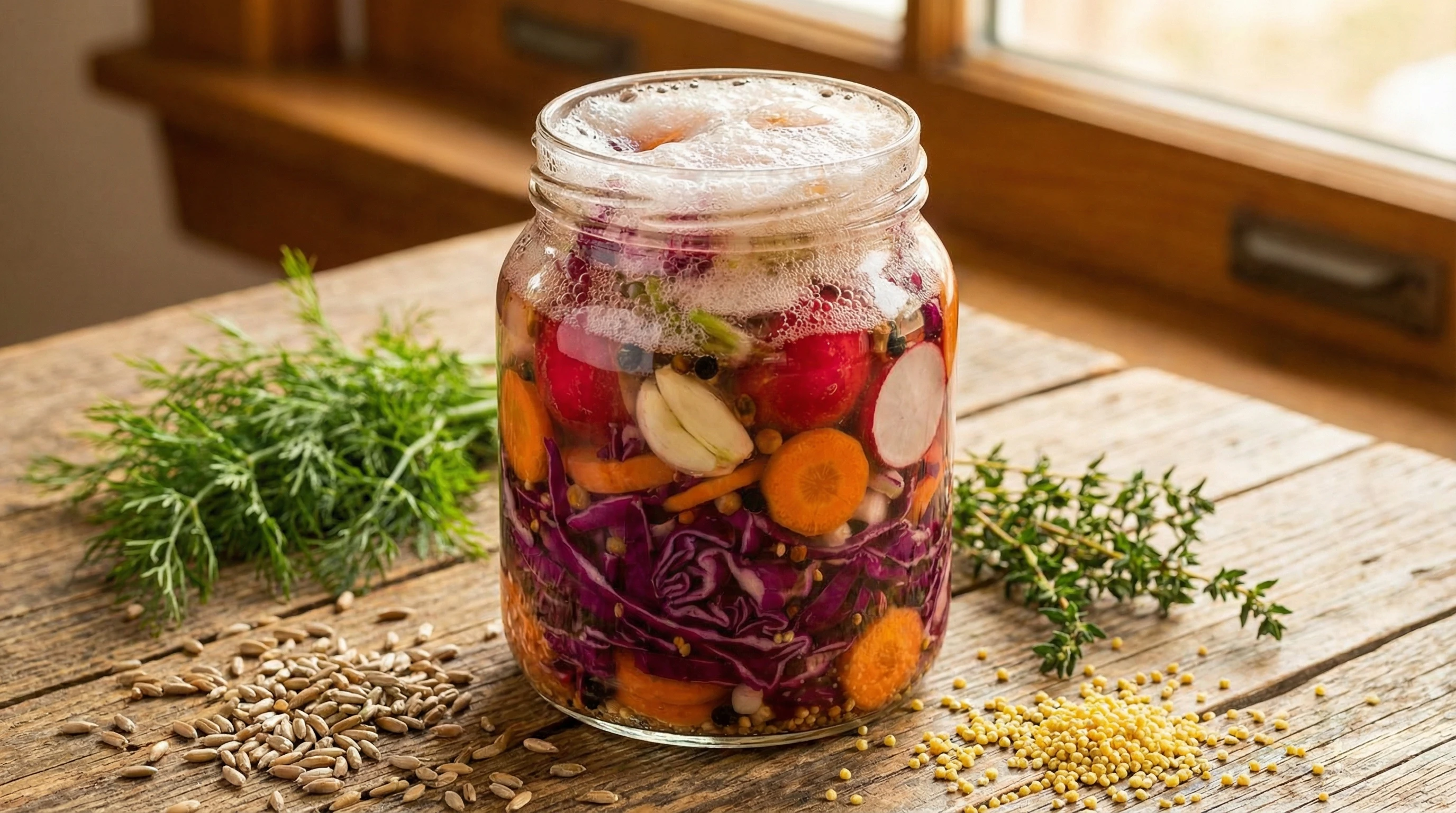Bubbling glass jar of naturally fermented vegetables and spices, set on a rustic wooden table with herbs and grains scattered nearby. Warm natural lighting highlights the vibrant colors of the vegetables.