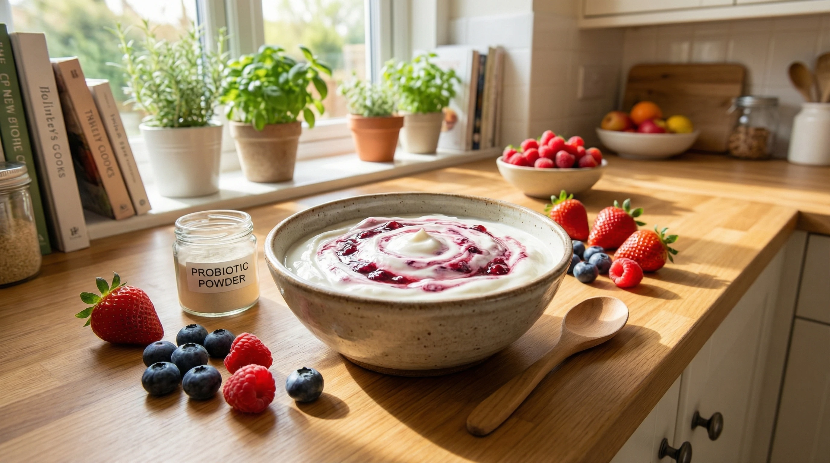 Creamy homemade yogurt in a clear glass bowl on a wooden kitchen table, surrounded by fresh berries and a small dish of probiotic powder.