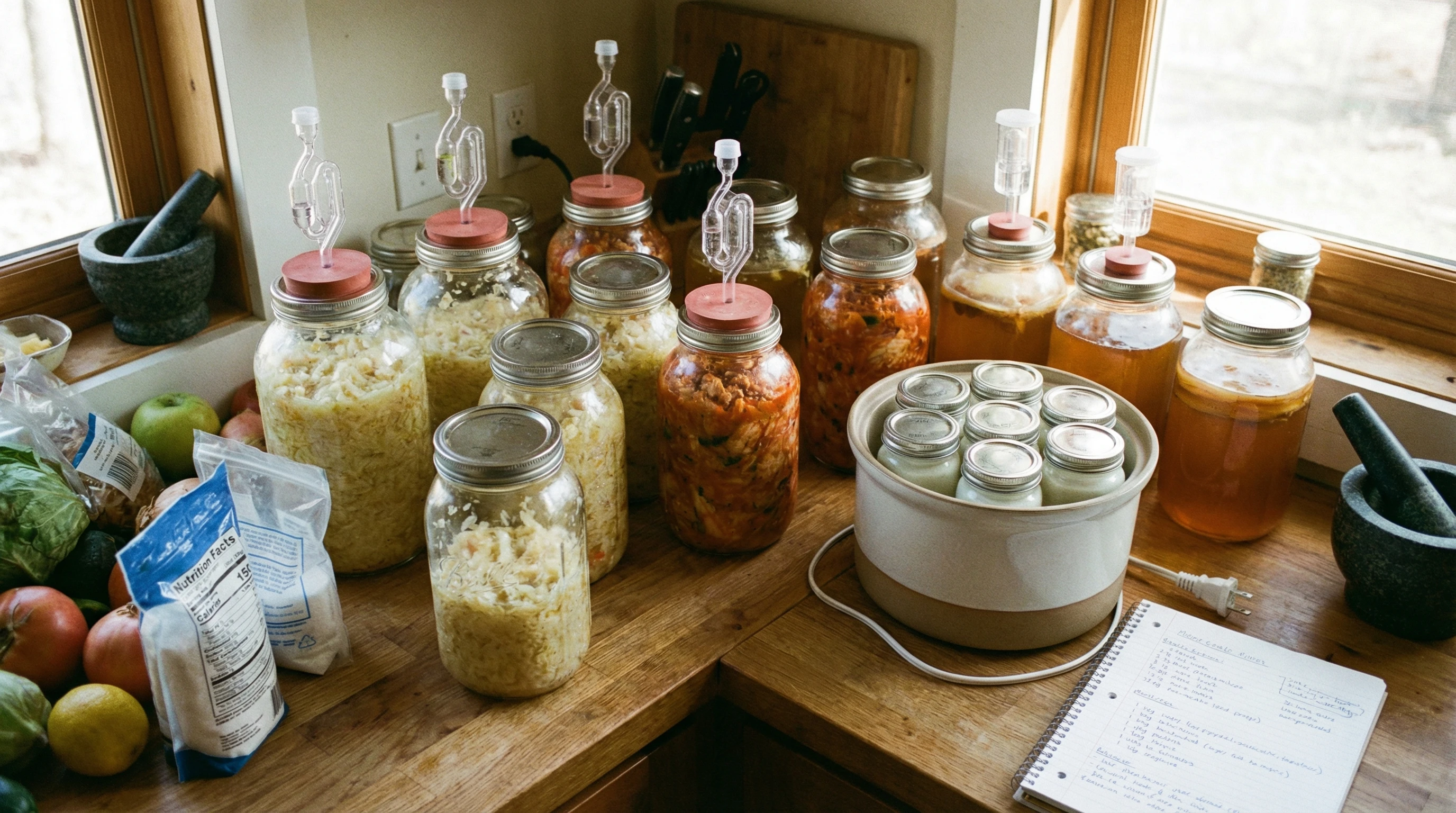 A kitchen counter showing wide mouthed glass jars, airlocks, and a yogurt maker, all set up for home fermentation.