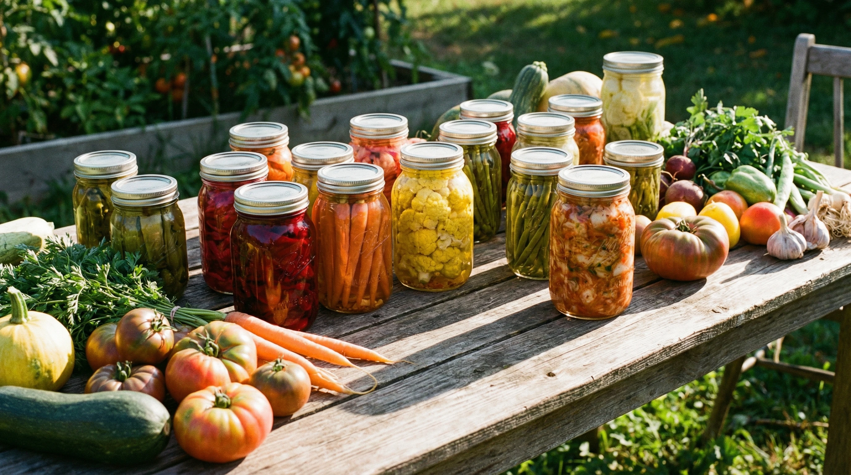 A variety of glass jars with colorful fermented vegetables lined up on a wooden table, surrounded by fresh seasonal produce, with sunlight streaming through a window