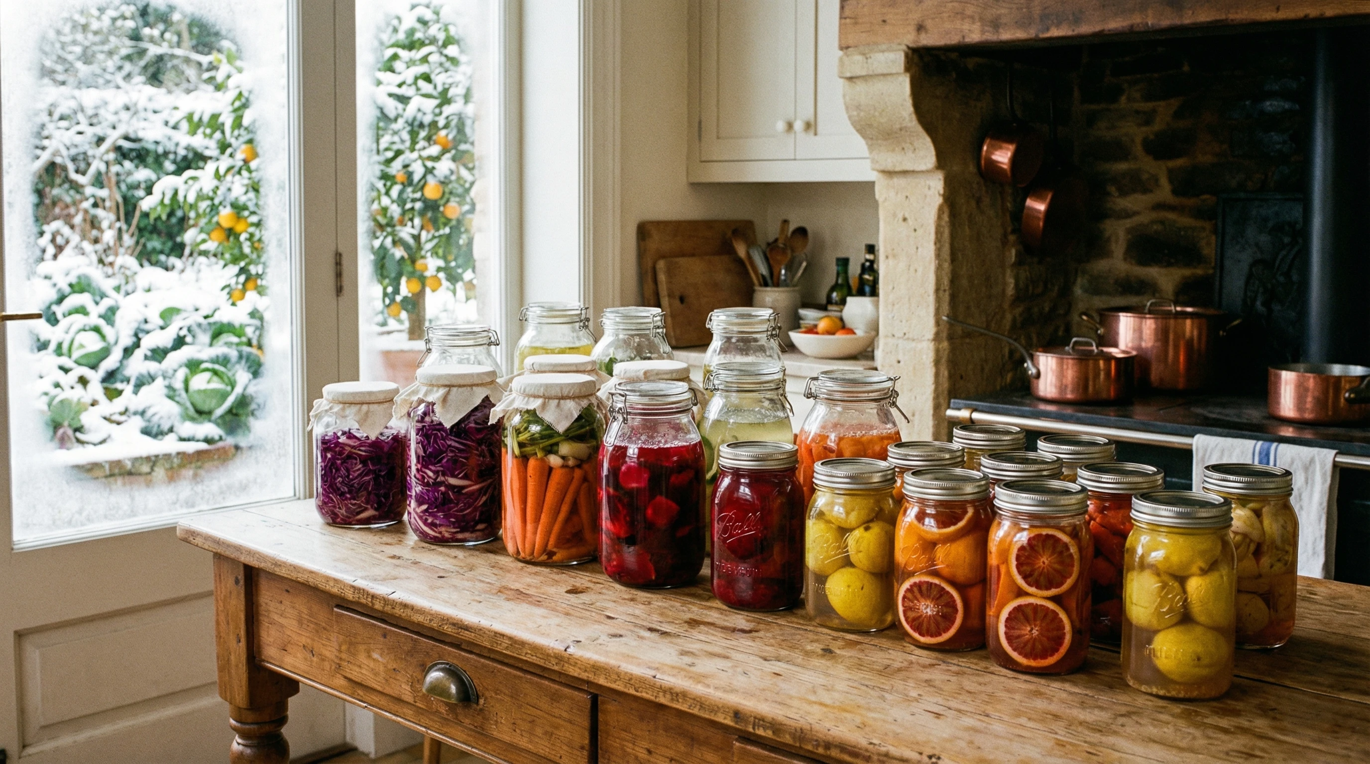 Array of winter fermentation jars, filled with colorful vegetables on a kitchen table with snowy backyard in the background