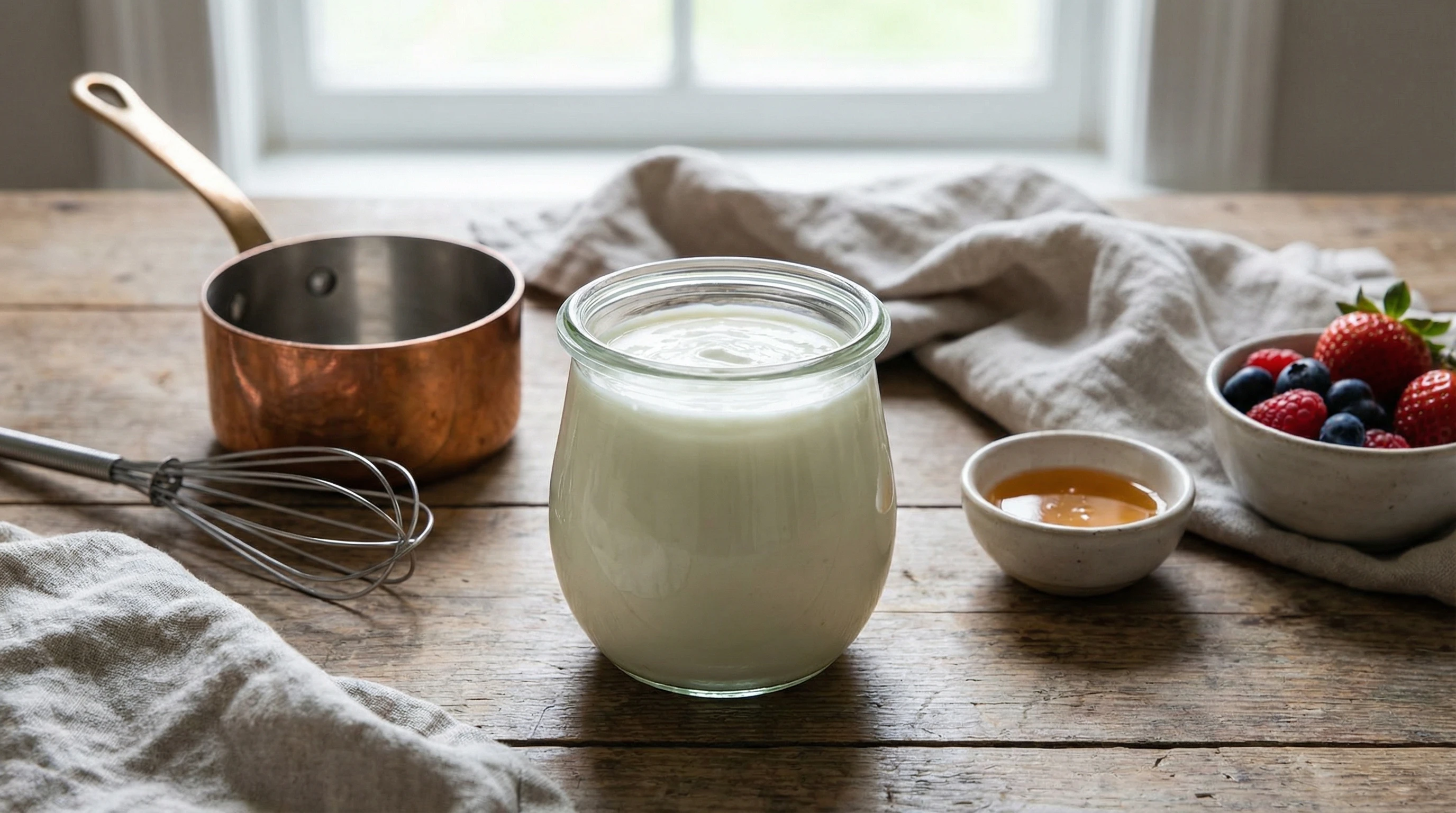 Glass jar filled with creamy homemade yogurt sitting on a wooden countertop surrounded by a saucepan, a whisk, and a folded kitchen towel. A bowl with a spoonful of thick yogurt is beside it, next to jars of honey and a small bowl of berries.