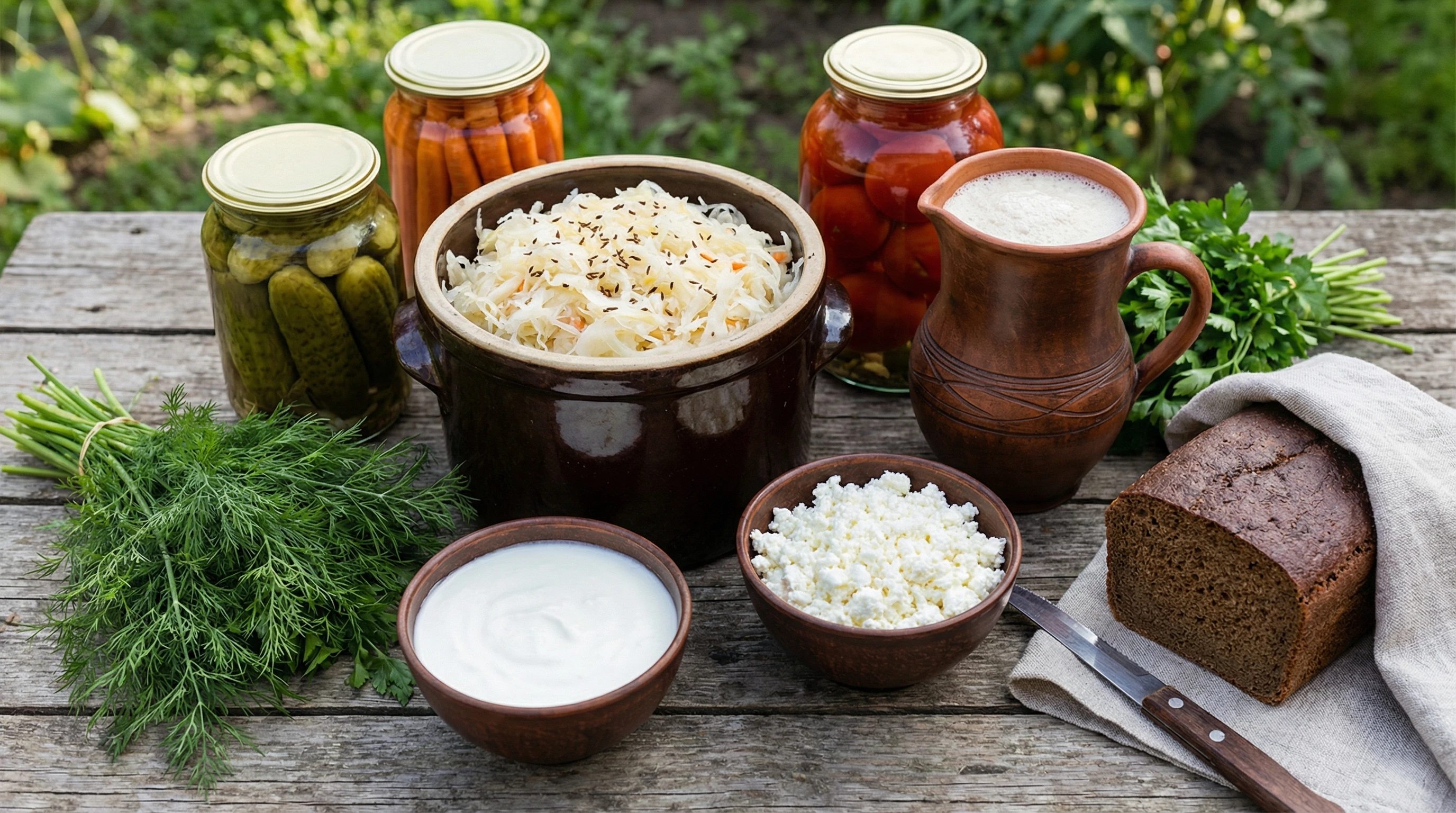 Fermented food spread showcasing sauerkraut, pickled cucumbers, and various Eastern European preserves on a rustic wooden table