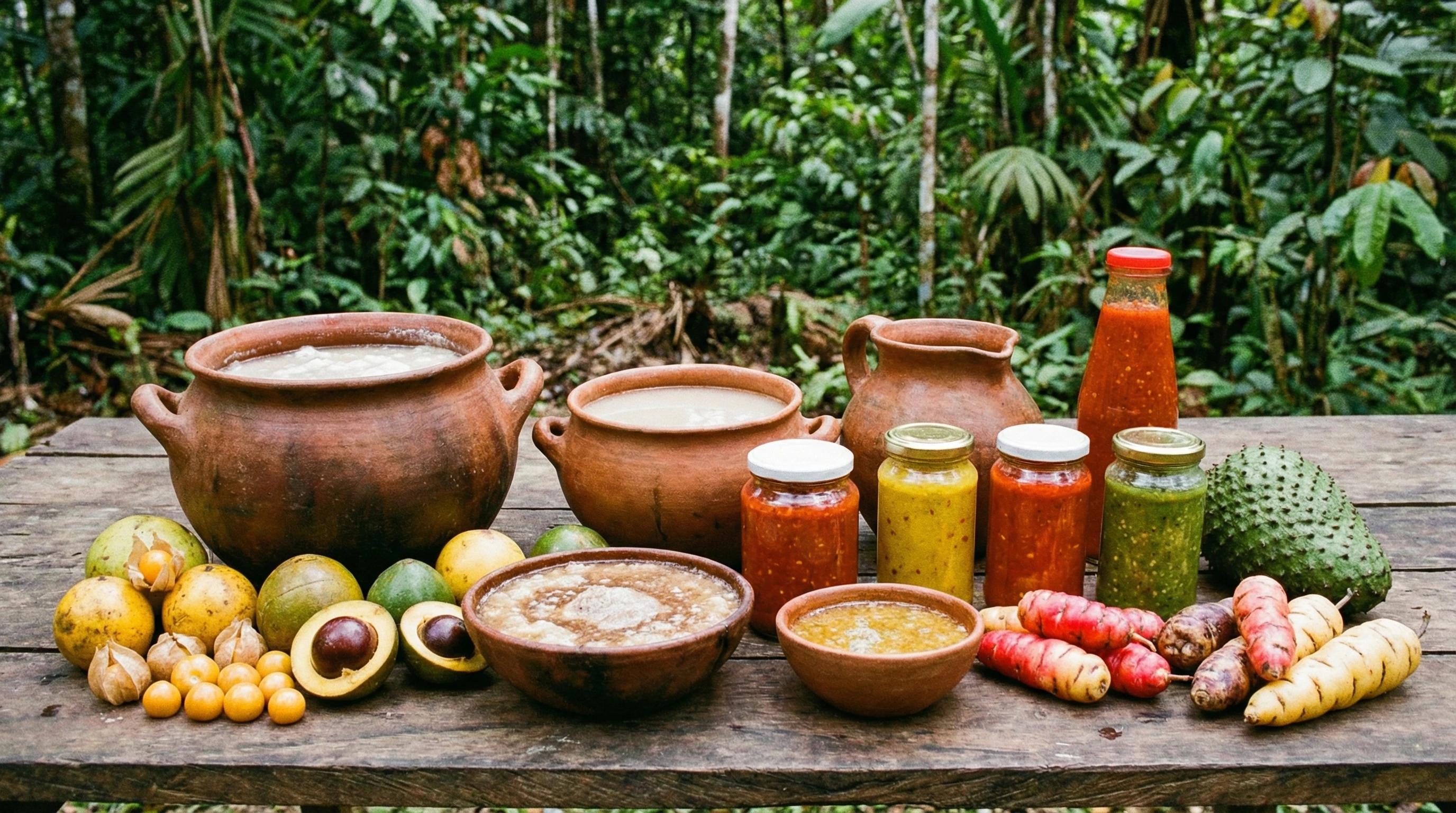 assorted South American fermented foods and drinks on rustic table