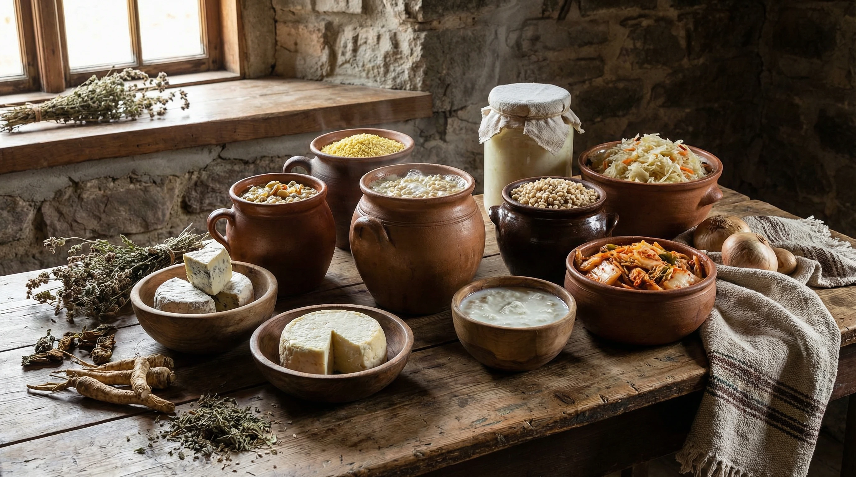 Fermented foods from various ancient cultures, including preserved vegetables, fermented grains, and pottery jars on rustic tables