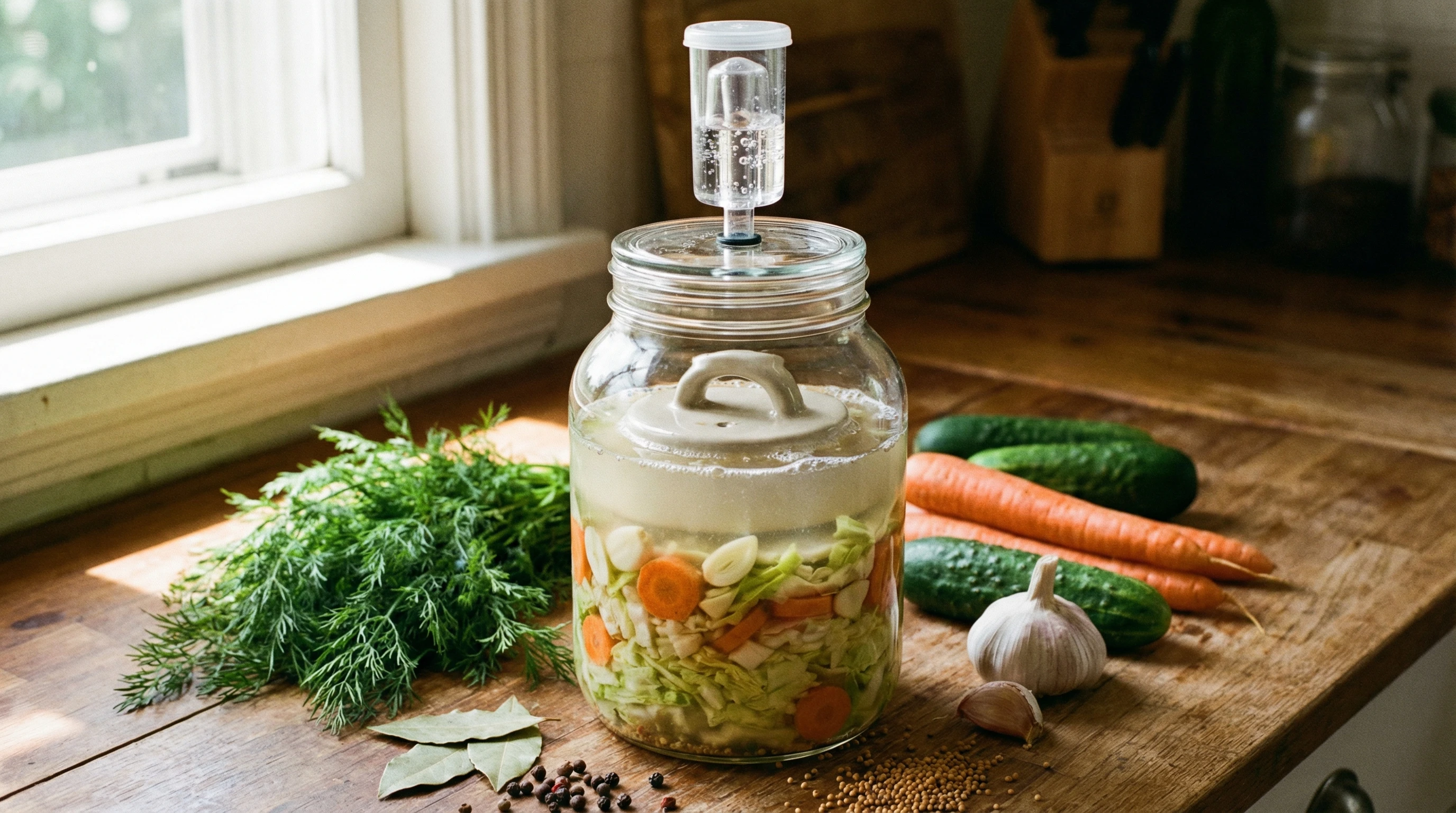 Glass fermentation jar with ceramic weight and water airlock, surrounded by vegetables and pickling brine.