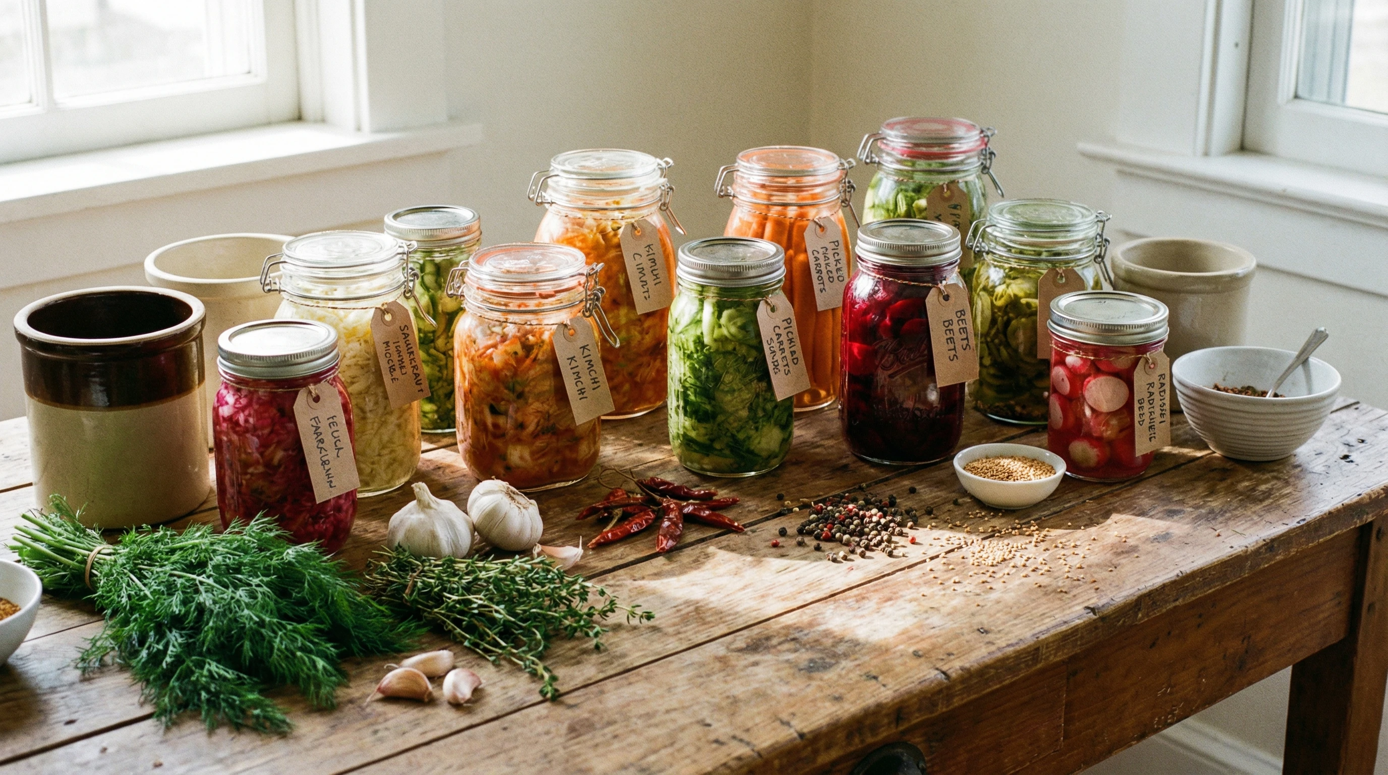 Colorful jars of homemade fermented vegetables on a wooden table, with ingredients such as herbs, garlic, and spices scattered nearby.