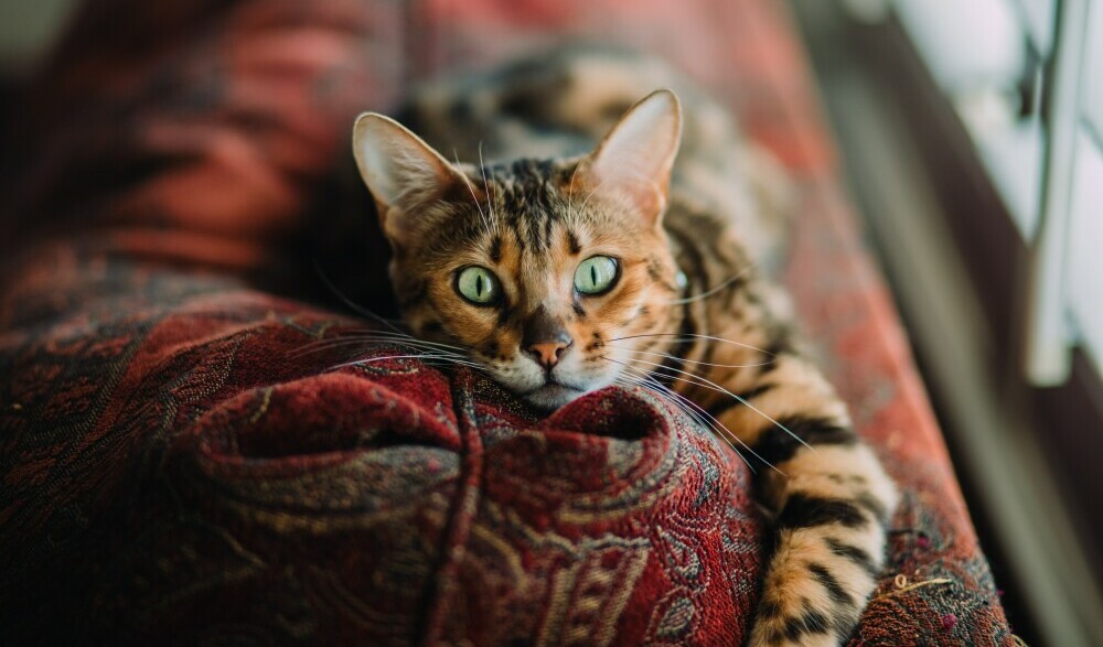 Cat lying on couch with arm wrapped around pillow