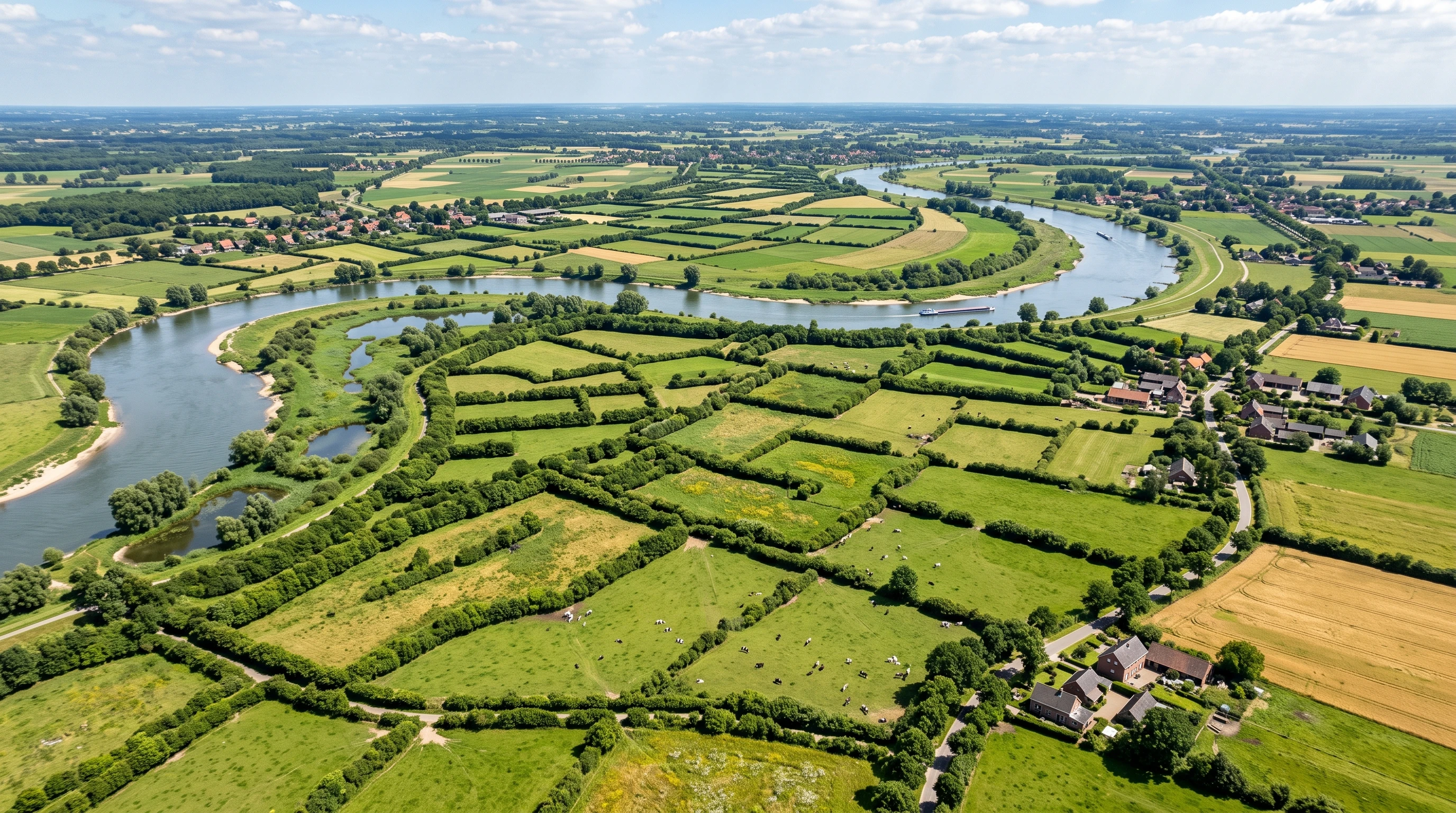 A view over the Maasheggen hedgerow landscape near Boxmeer, North Brabant, with woven hedges, farms, and green fields.