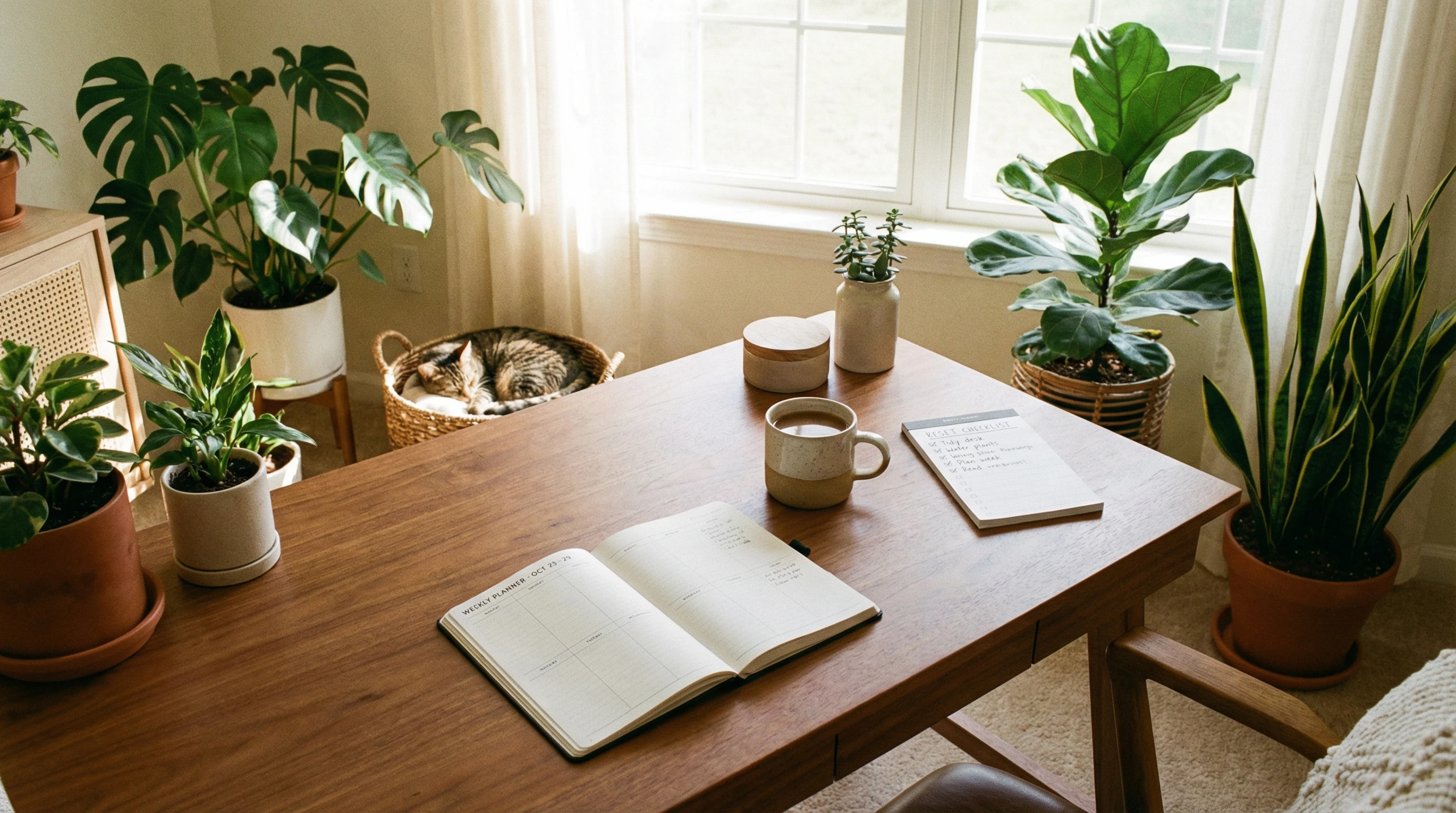 weekly reset checklist and planner on cozy desk
