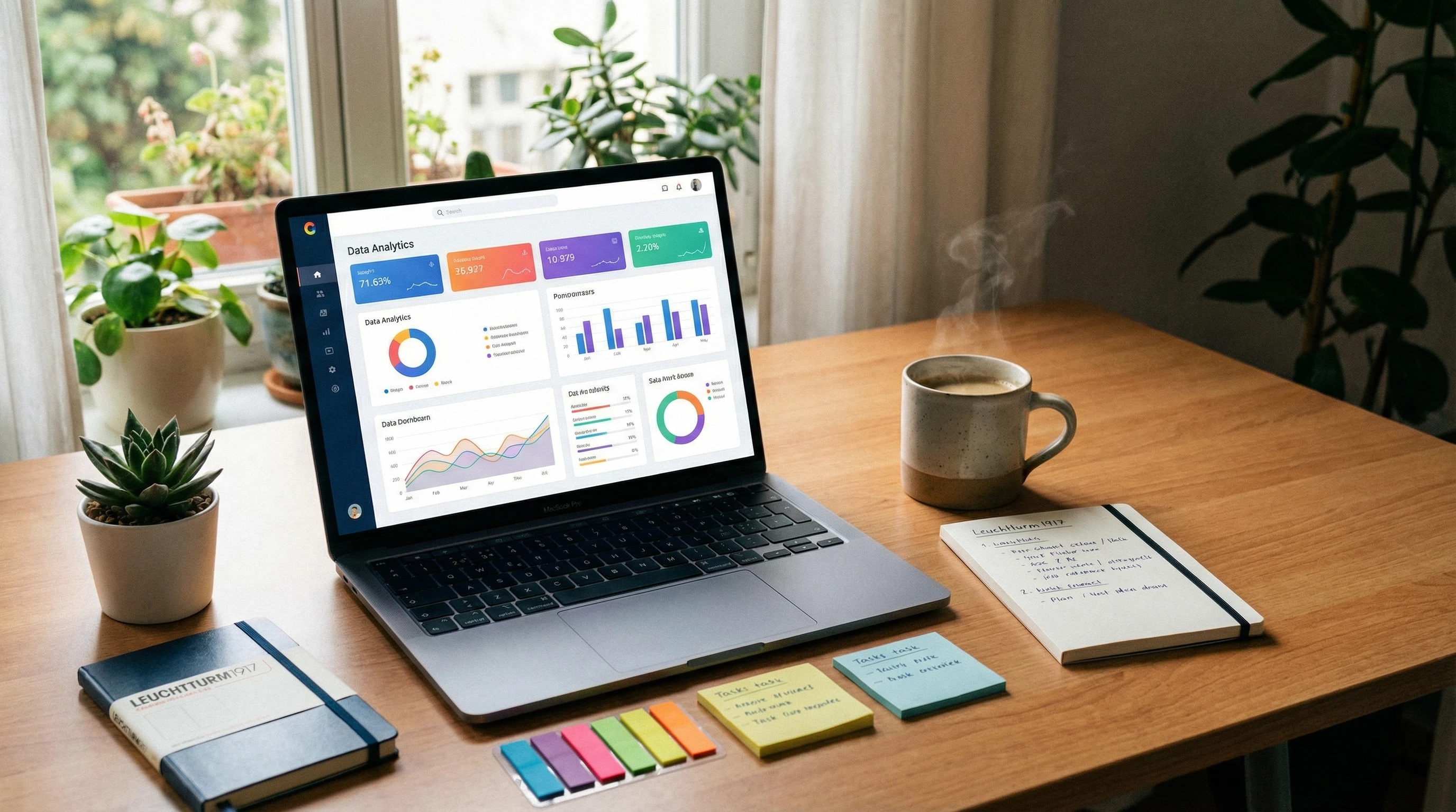 Affiliate marketing concept with laptop, coffee, and notepad