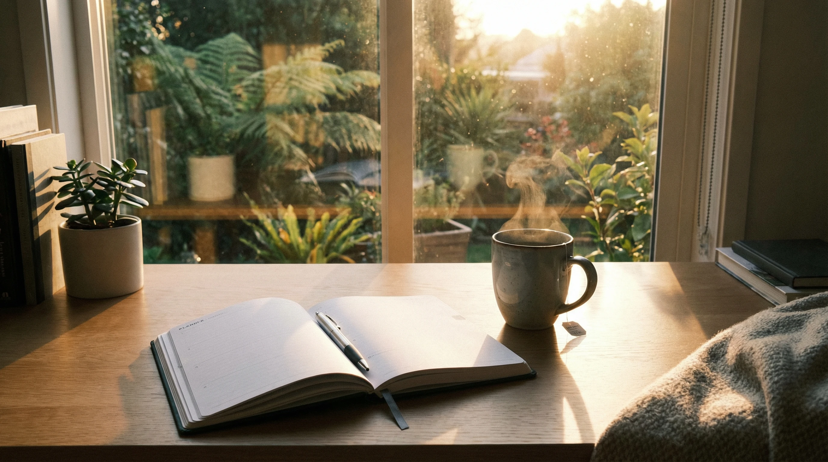 A fresh planner, a mug of tea, and sunrise on a desk