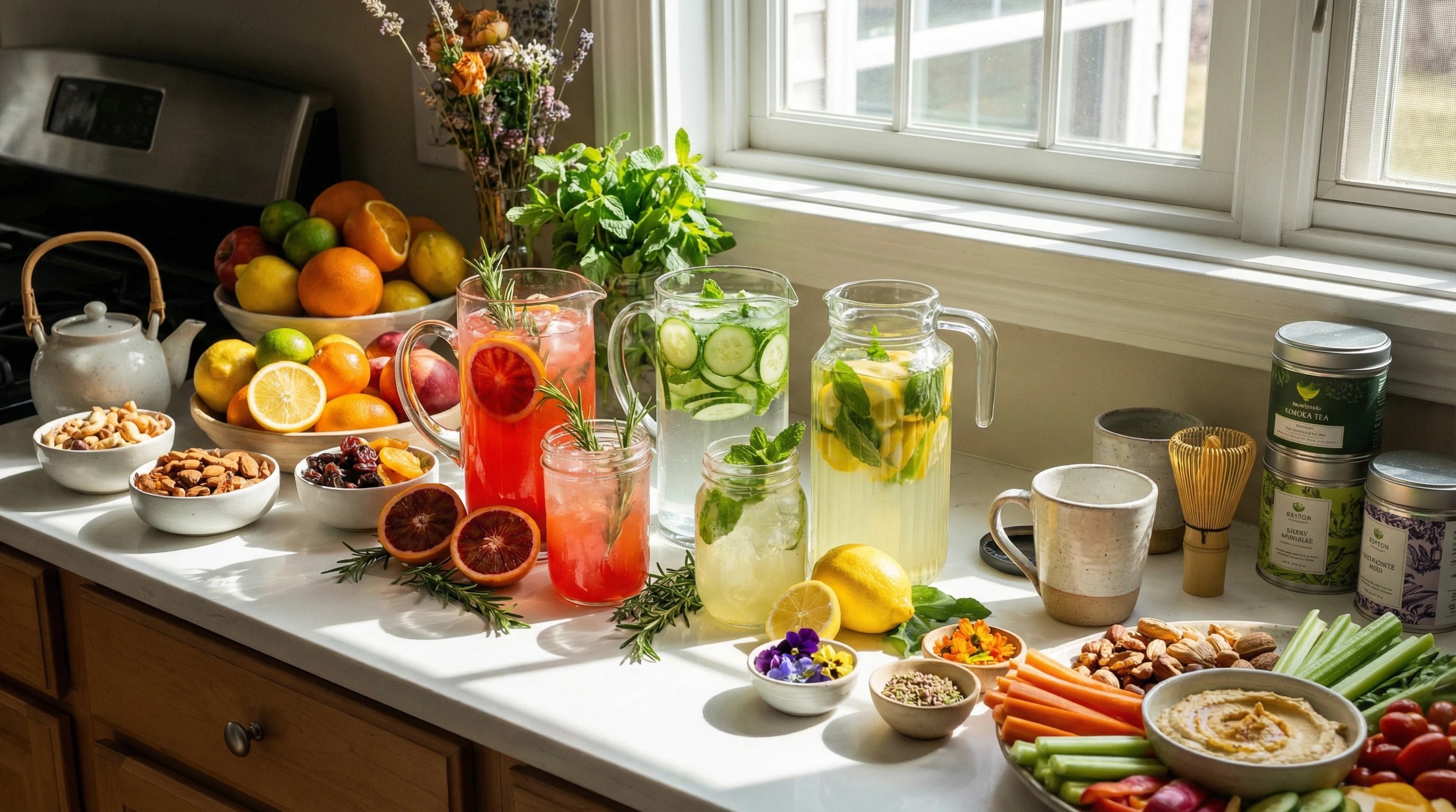 colorful non-alcoholic drinks and fresh citrus fruits displayed on a wooden kitchen counter