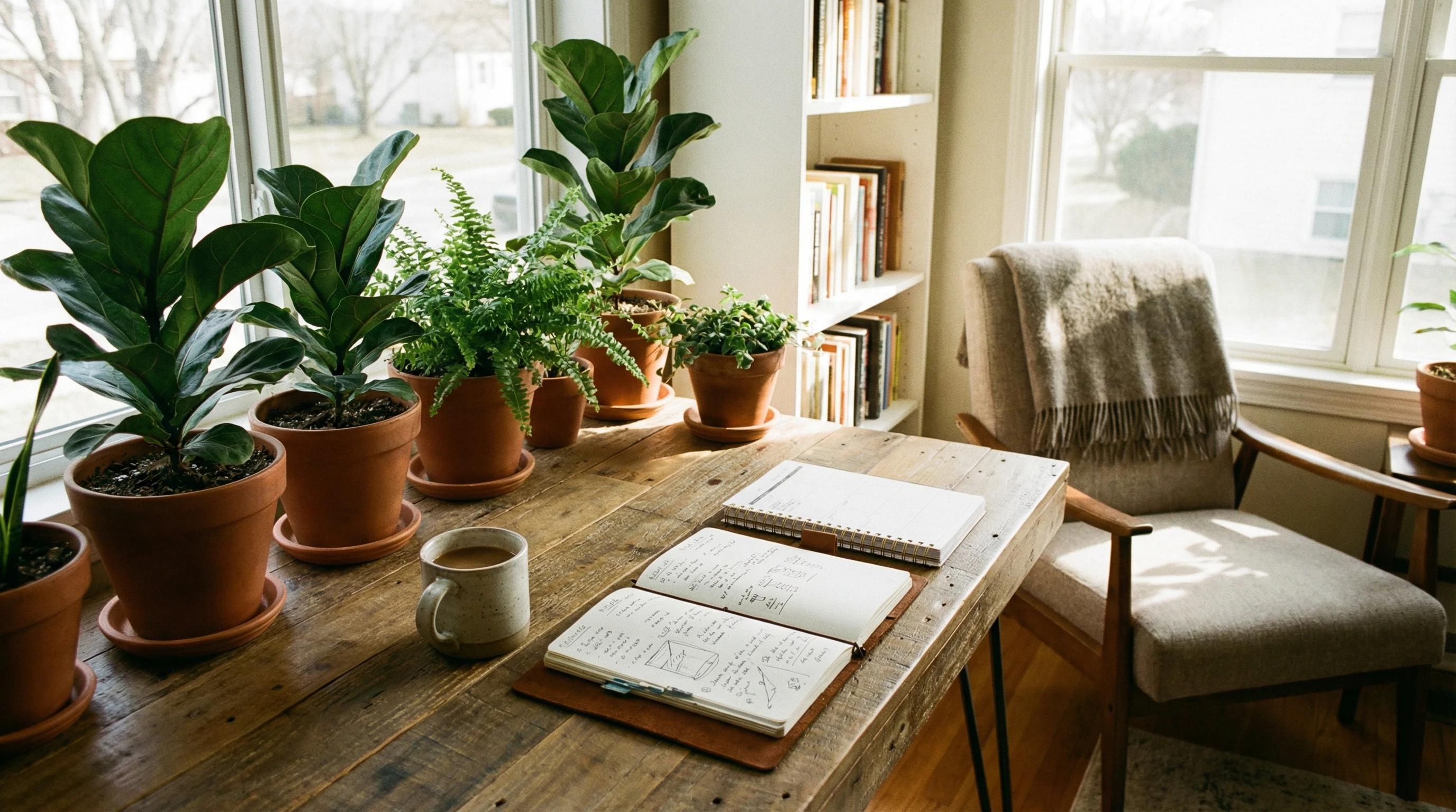 Home workspace with plants, coffee, and planner