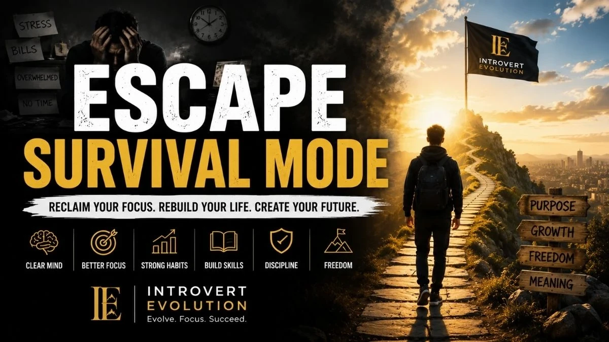 Escape Survival Mode motivational banner by Introvert Evolution showing transformation from stress and exhaustion toward growth, freedom, and purpose.