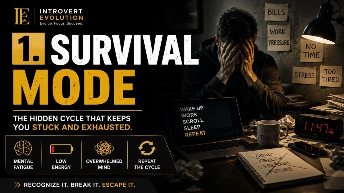 Person overwhelmed by stress and exhaustion trapped in survival mode cycle with work pressure, bills, and mental fatigue.
