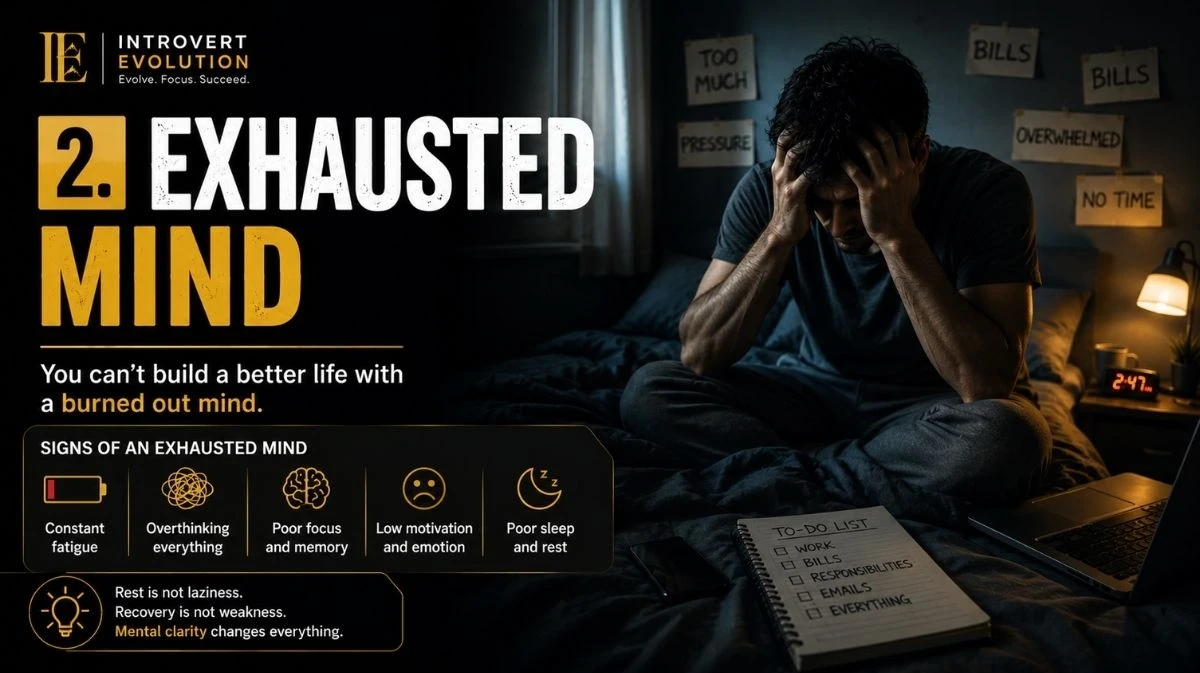 Mentally exhausted man sitting on bed overwhelmed by stress, burnout, poor sleep, and emotional exhaustion.