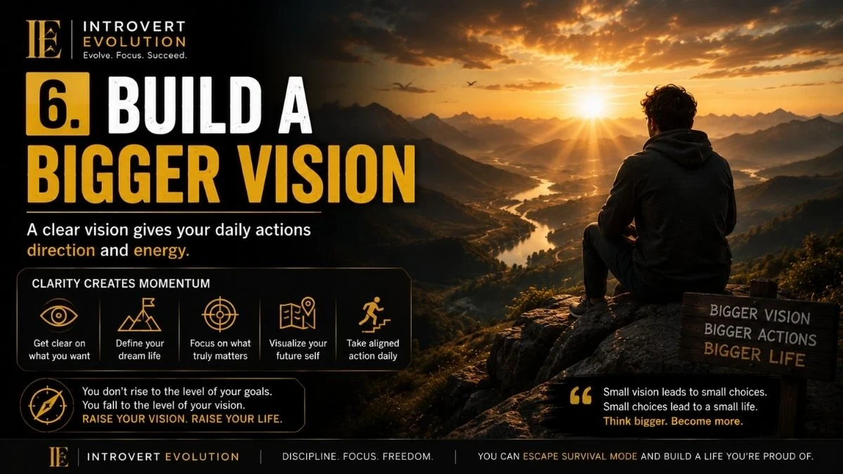 Person overlooking mountains at sunrise reflecting on goals, purpose, vision, and building a better future.