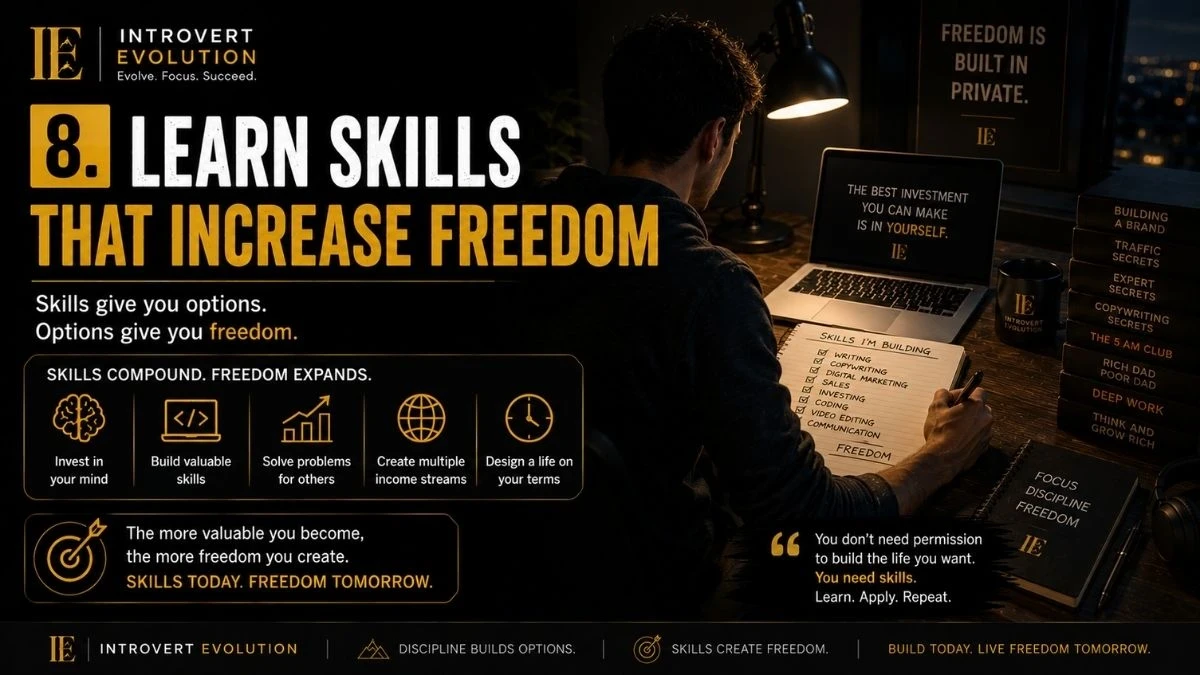 Person learning valuable skills like writing, marketing, investing, and content creation to build freedom and independence.
