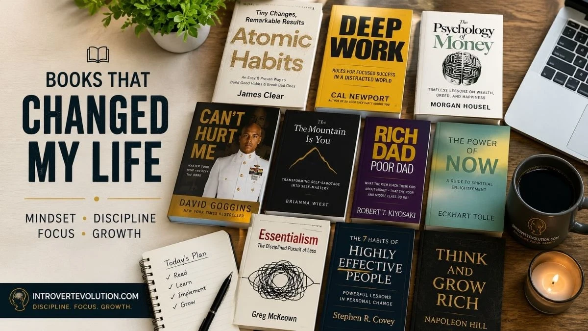 Quick list of personal growth and mindset books including Atomic Habits, Deep Work, The Psychology of Money, and Rich Dad Poor Dad by Introvert Evolution