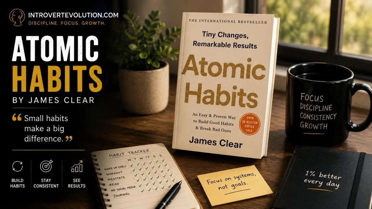 Cinematic Atomic Habits by James Clear workspace image with habit tracker, productivity desk setup, and discipline-focused mindset theme by Introvert Evolution