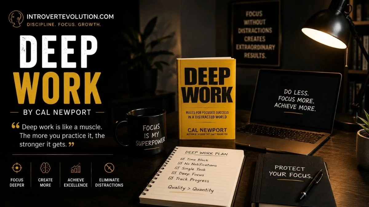 Cinematic Deep Work by Cal Newport productivity workspace with laptop, focus planner, and distraction-free desk setup by Introvert Evolution