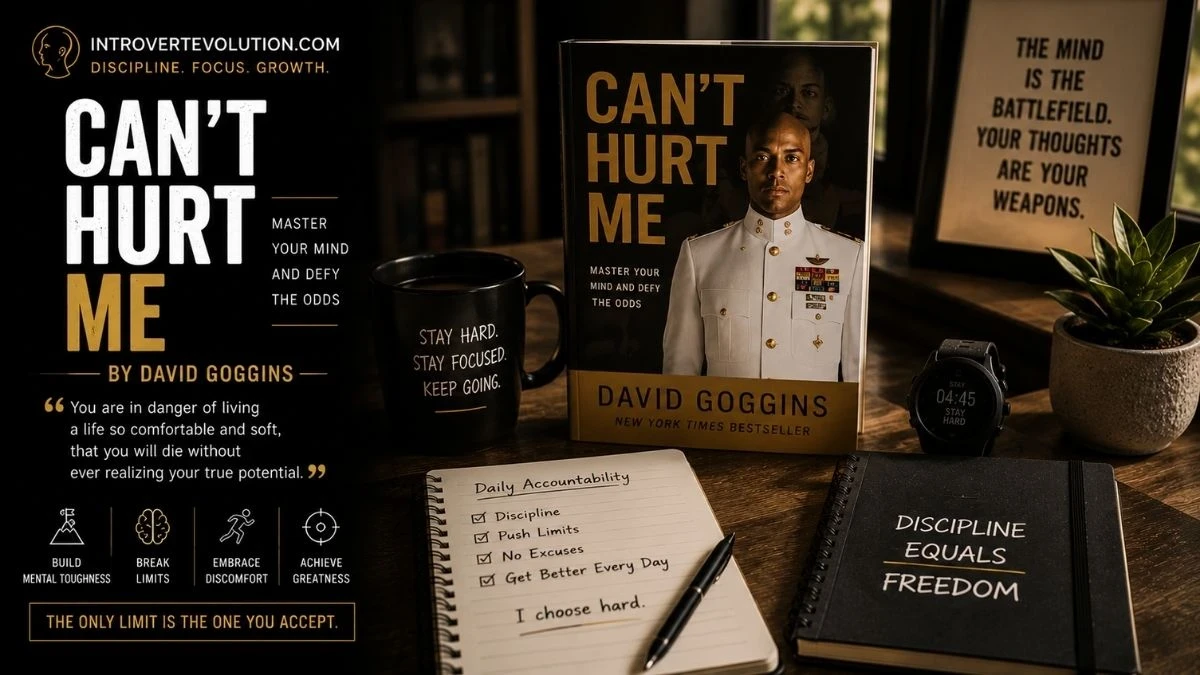 Cinematic Can’t Hurt Me by David Goggins workspace image with accountability journal, mindset quotes, and discipline-focused desk setup by Introvert Evolution