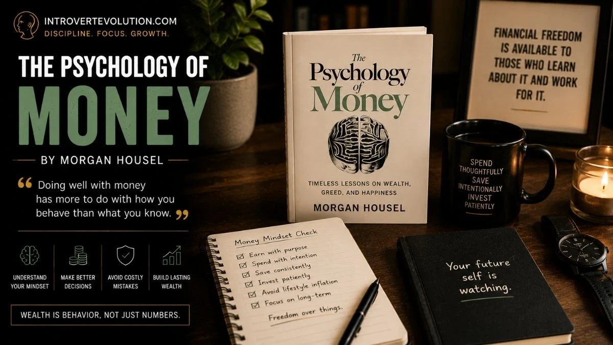 The Psychology of Money by Morgan Housel on a desk with financial mindset notes, coffee mug, and IntrovertEvolution.com branding representing wealth, discipline, and long-term thinking.