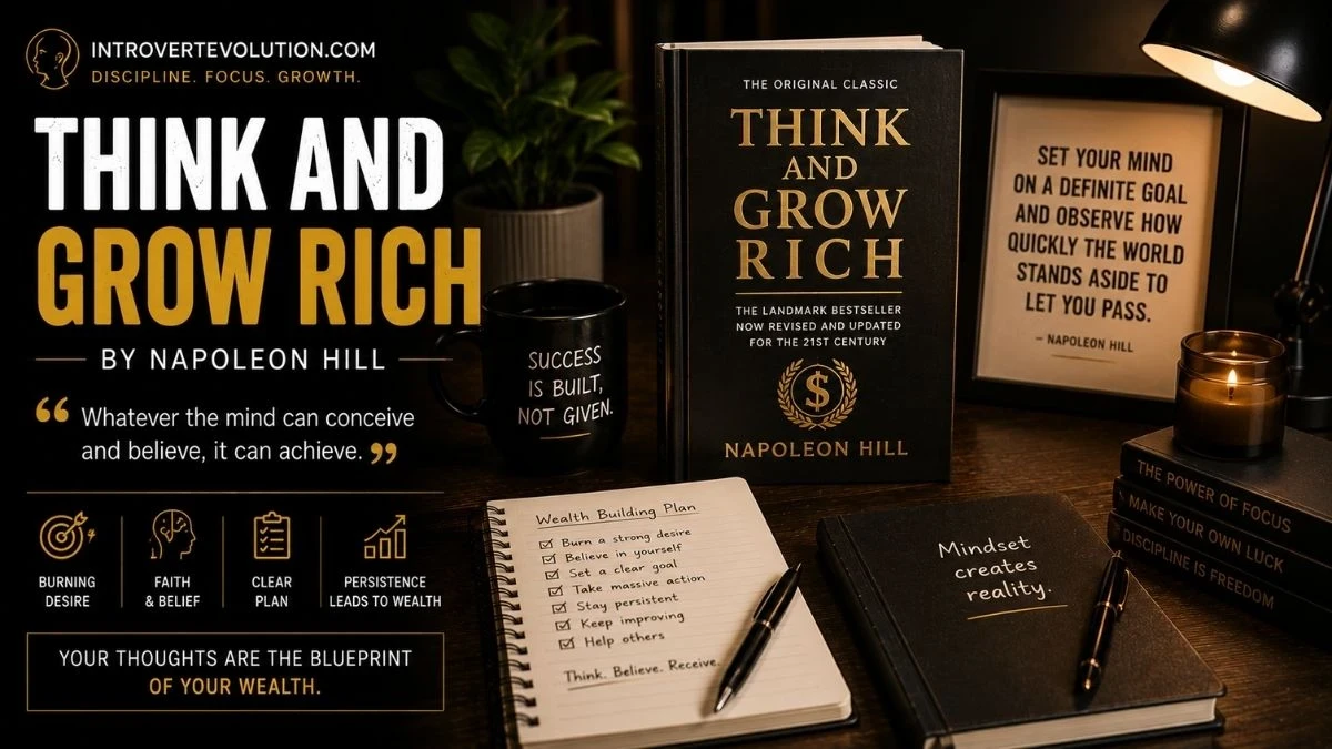 Think and Grow Rich by Napoleon Hill displayed on a cinematic desk setup with notebook, coffee mug, and motivational quote representing mindset, discipline, wealth building, and personal growth.