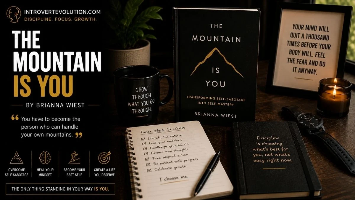 The Mountain Is You by Brianna Wiest displayed in a cinematic workspace with journal, coffee mug, candle, and motivational quotes representing self-growth, healing, discipline, and overcoming self-sabotage.