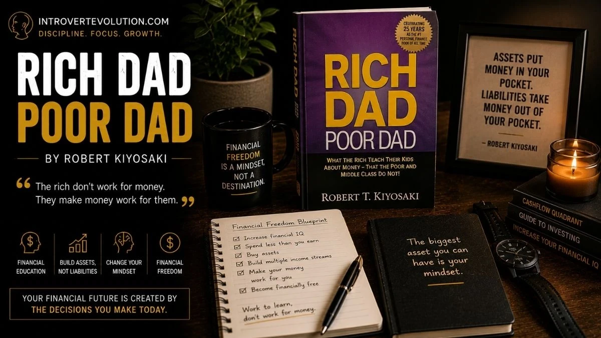 Rich Dad Poor Dad by Robert Kiyosaki displayed on a cinematic desk setup with notebook, coffee mug, candle, and financial mindset quotes representing wealth building, financial freedom, investing, and personal growth.