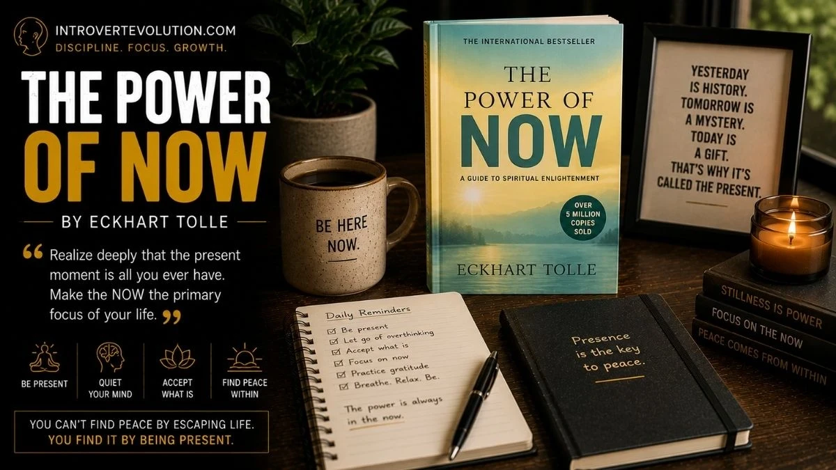 The Power of Now by Eckhart Tolle displayed on a cinematic desk setup with candle, notebook, coffee mug, and mindfulness quotes representing presence, calmness, self-awareness, and mental clarity.