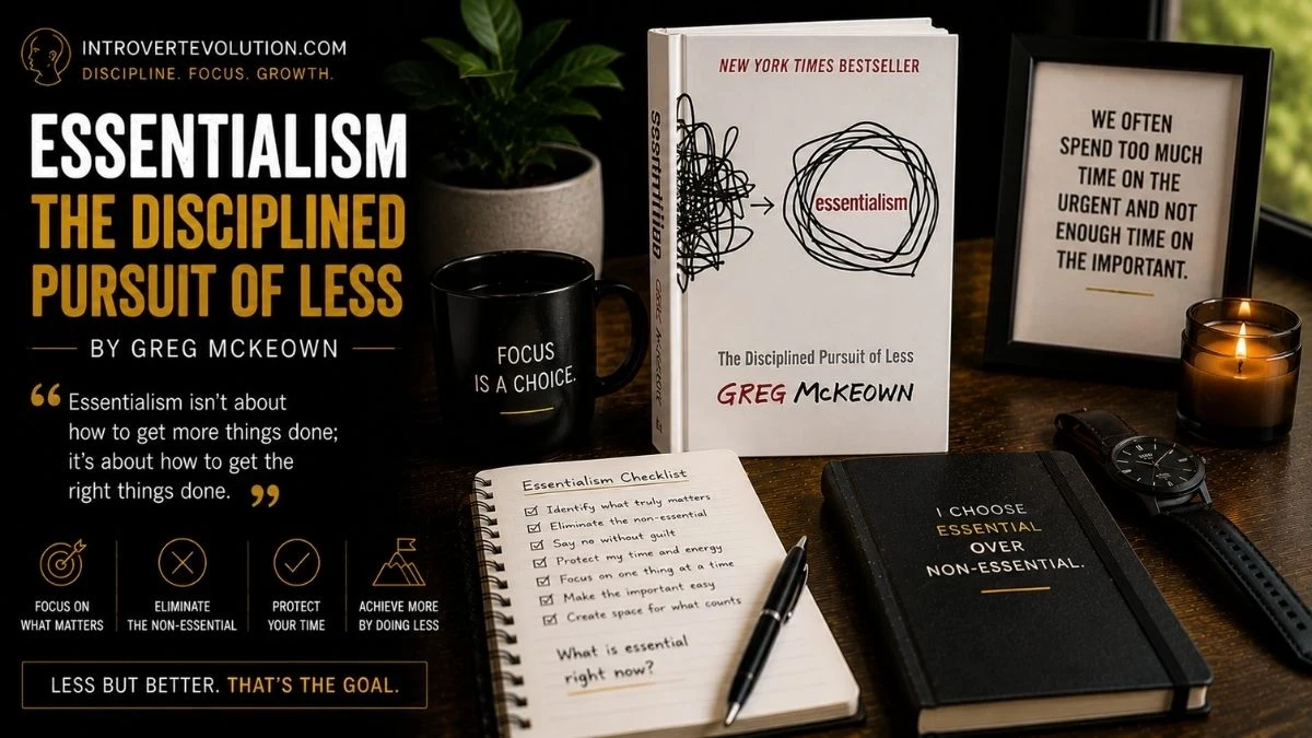 Cinematic productivity workspace inspired by Essentialism by Greg McKeown featuring focus, discipline, minimalism, and intentional living with IntrovertEvolution.com branding.