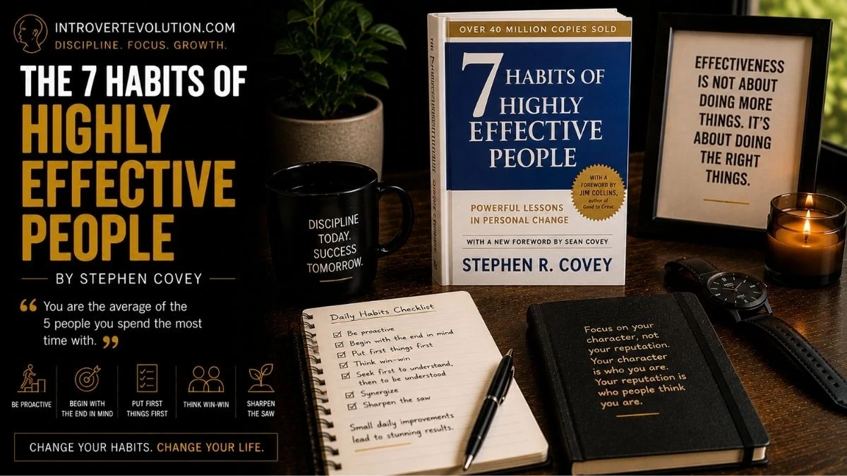 Cinematic workspace inspired by The 7 Habits of Highly Effective People featuring productivity, discipline, leadership, and personal growth with IntrovertEvolution.com branding.